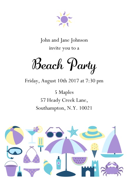 Beach party summer Online invitation card with sun and beach essentials Purple.