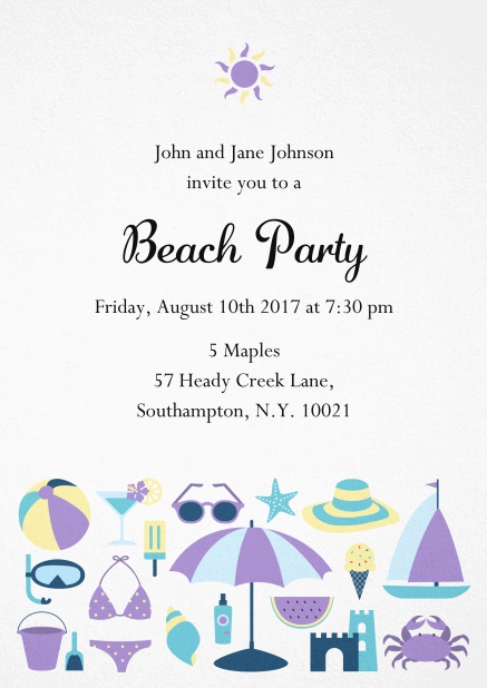 Beach party summer invitation card with sun and beach essentials Purple.