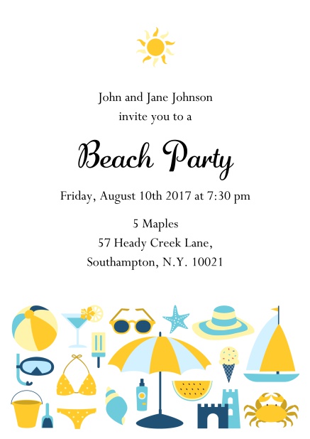 Beach party summer Online invitation card with sun and beach essentials Yellow.