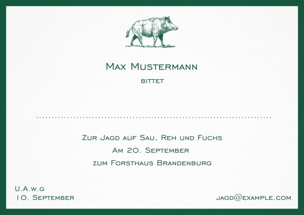 Klassische Einladungskarte zur Jagd mit kapitalem Keiler und elegantem Rand in verschiedenen Farben. Grün.
