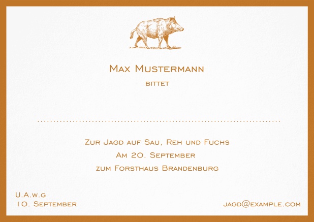 Klassische Einladungskarte zur Jagd mit kapitalem Keiler und elegantem Rand in verschiedenen Farben. Orange.