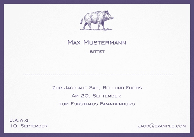 Klassische Einladungskarte zur Jagd mit kapitalem Keiler und elegantem Rand in verschiedenen Farben. Lila.