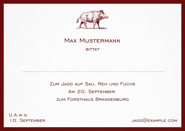 Klassische Einladungskarte zur Jagd mit kapitalem Keiler und elegantem Rand in verschiedenen Farben. Rot.