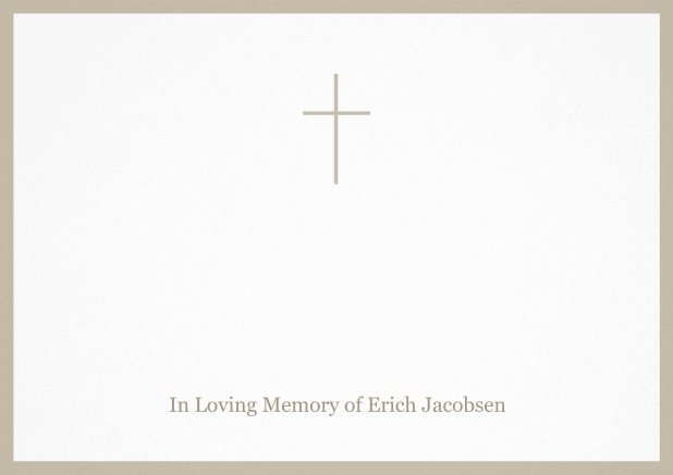 Classic Memorial invitation card with black frame and Cross in the middle and famous quote. Beige.