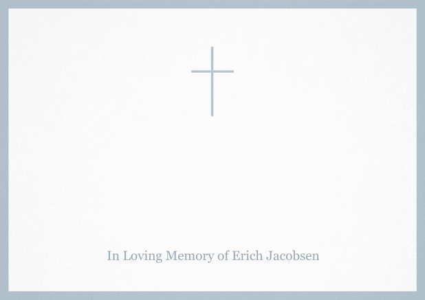 Classic Memorial invitation card with black frame and Cross in the middle and famous quote. Blue.