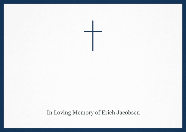 Classic Memorial invitation card with black frame and Cross in the middle and famous quote. Navy.