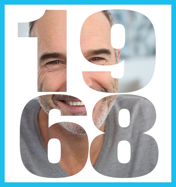 Born 1968 large - Blue - 50th Birthday Online invitation card with cut out 1968 for your own photo to celebrate your 50th birthday Blue.