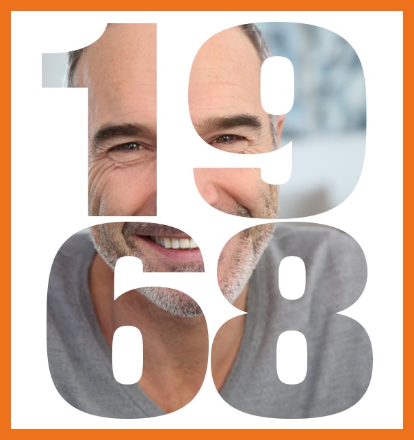 Born 1968 large - Orange - 50th Birthday Online invitation card with cut out 1968 for your own photo to celebrate your 50th birthday Orange.