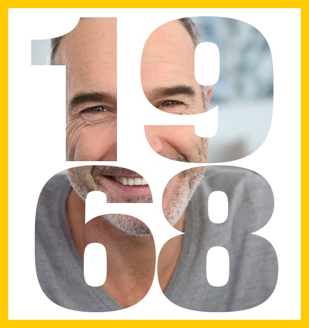 Born 1968 large - Yellow - 50th Birthday Online invitation card with cut out 1968 for your own photo to celebrate your 50th birthday Yellow.