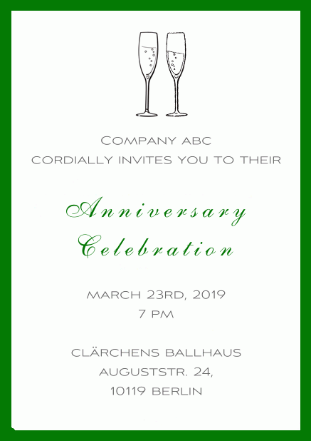 Animated paperless invitation card with frame in the color of your choice and two champagne glasses nudging. Green.