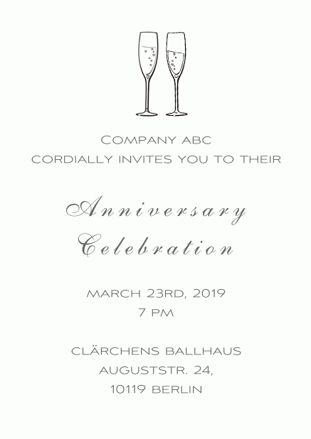 Animated paperless invitation card with frame in the color of your choice and two champagne glasses nudging. White.