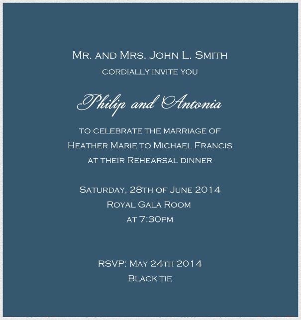 Customize this classic online invitation card with fine paper in color of choice and optional personal addressing. Blue.