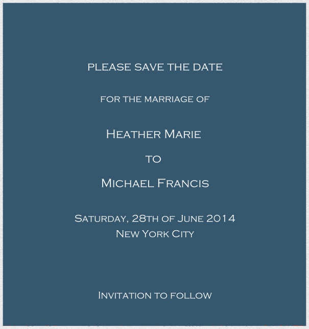 Customizable Online classic save the date card with fine paper in color of choice and white frame. Blue.