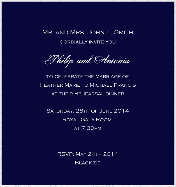 Customize this classic online invitation card with fine paper in color of choice and optional personal addressing. Navy.