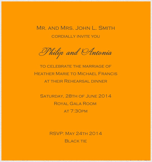 Customize this classic online invitation card with fine paper in color of choice and optional personal addressing. Orange.