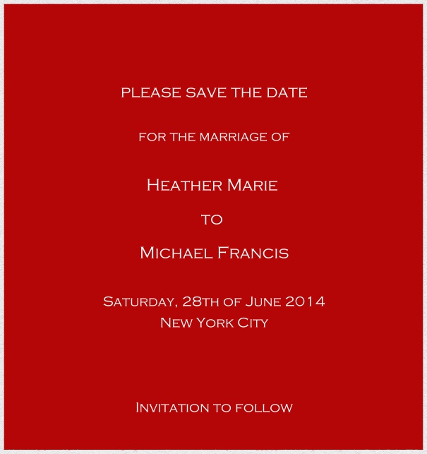 Customizable Online classic save the date card with fine paper in color of choice and white frame. Red.