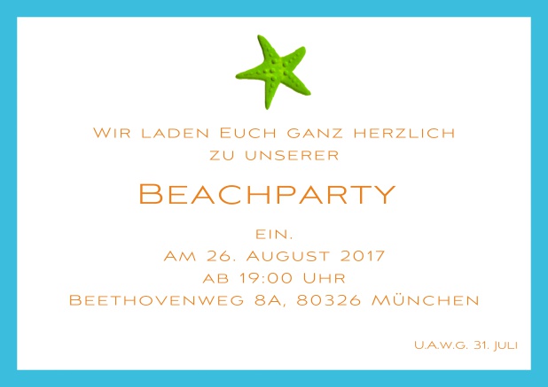 Sommerliche Einladungskarte mit Seestern für Strandparties und Beachparties. Blau.