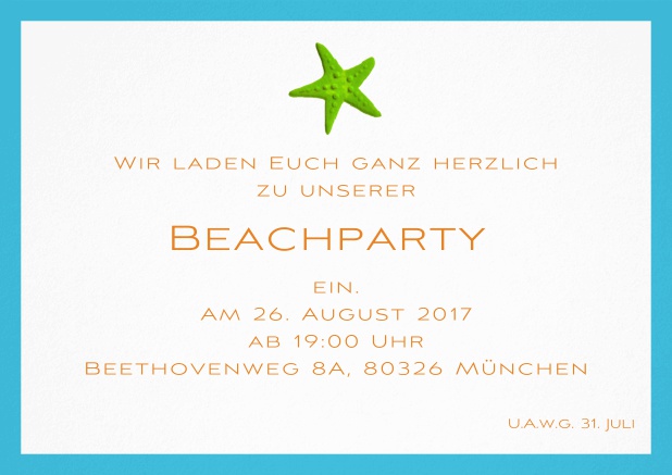 Sommerliche Einladungskarte mit Seestern für Strandparties und Beachparties. Blau.