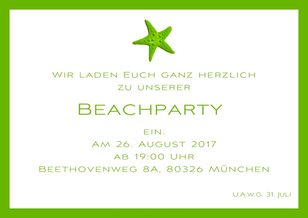 Sommerliche Einladungskarte mit Seestern für Strandparties und Beachparties. Grün.