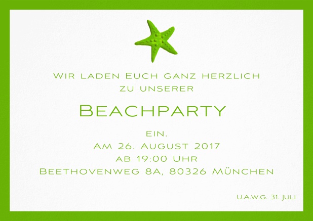 Sommerliche Einladungskarte mit Seestern für Strandparties und Beachparties. Grün.