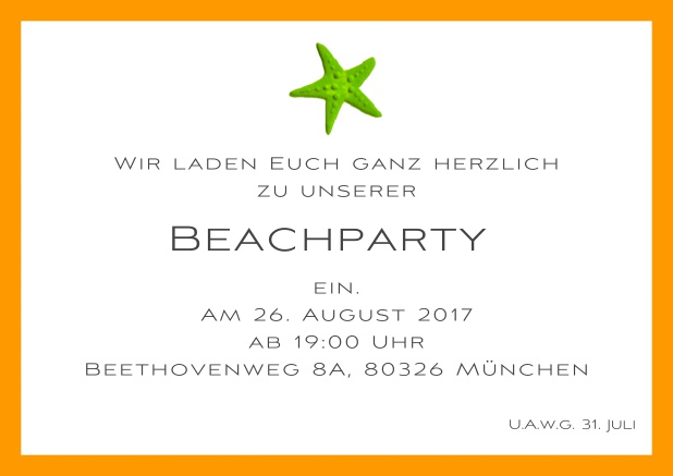 Sommerliche Einladungskarte mit Seestern für Strandparties und Beachparties. Orange.