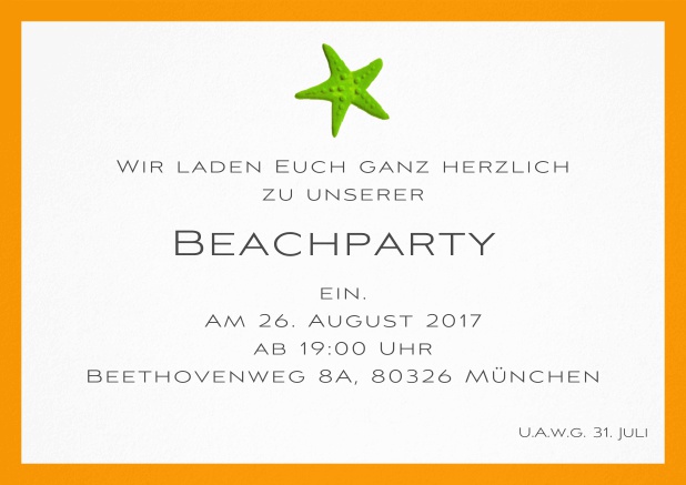 Sommerliche Einladungskarte mit Seestern für Strandparties und Beachparties. Orange.