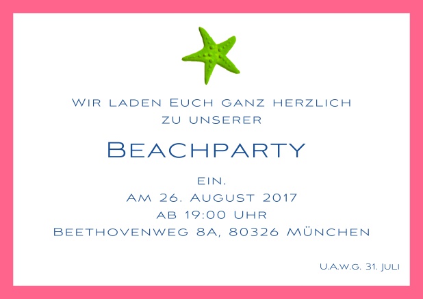 Sommerliche Einladungskarte mit Seestern für Strandparties und Beachparties. Rosa.