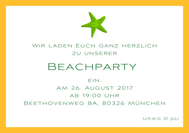 Sommerliche Einladungskarte mit Seestern für Strandparties und Beachparties. Gelb.