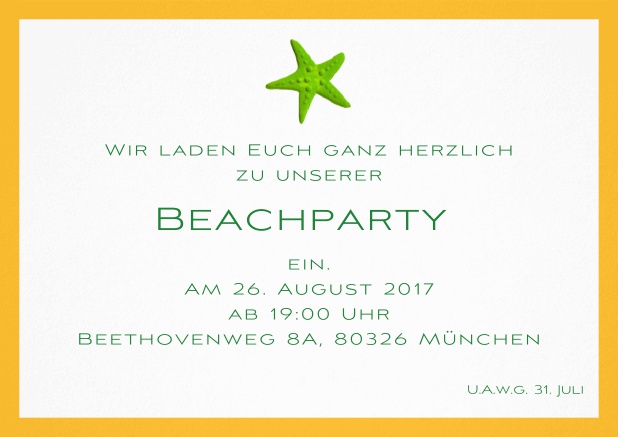 Sommerliche Einladungskarte mit Seestern für Strandparties und Beachparties. Gelb.