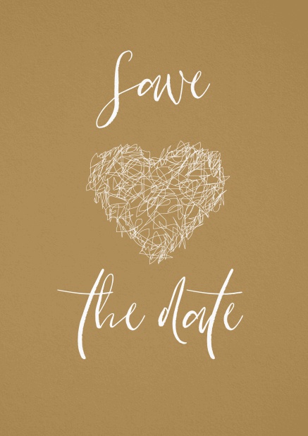 Save the date card in gold with artsy illustrated heart.