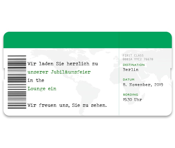 Online Einladungskarte gestaltet als Flug Boarding Pass.