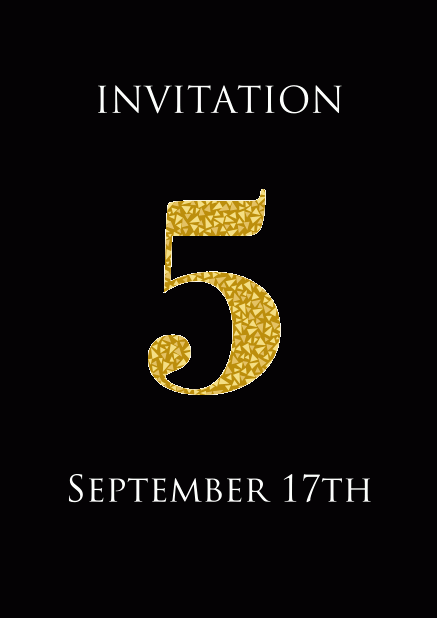 5th anniversary online invitation card with large 5 in animated gold mosaic. Black.