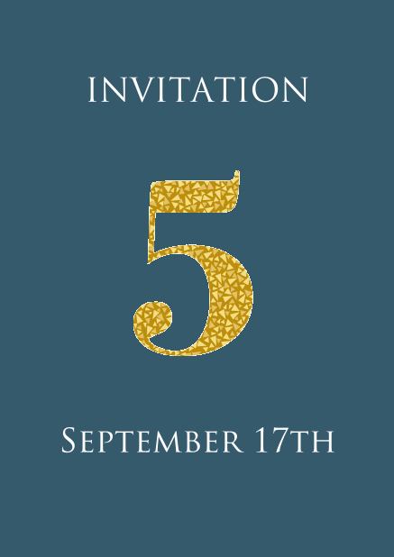 5th anniversary online invitation card with large 5 in animated gold mosaic. Blue.