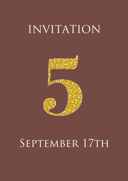 5th anniversary online invitation card with large 5 in animated gold mosaic. Gold.