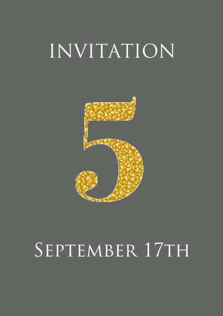 5th anniversary online invitation card with large 5 in animated gold mosaic. Grey.