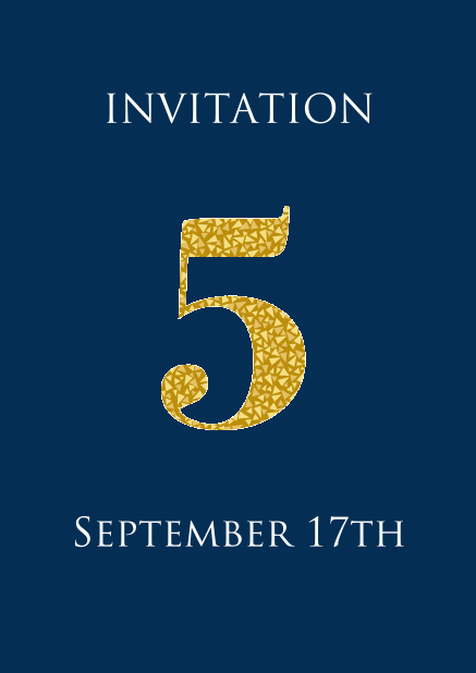 5th anniversary online invitation card with large 5 in animated gold mosaic. Navy.