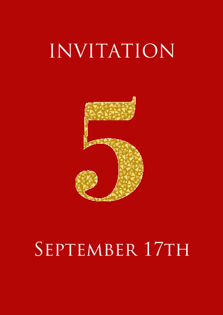 5th anniversary online invitation card with large 5 in animated gold mosaic. Red.