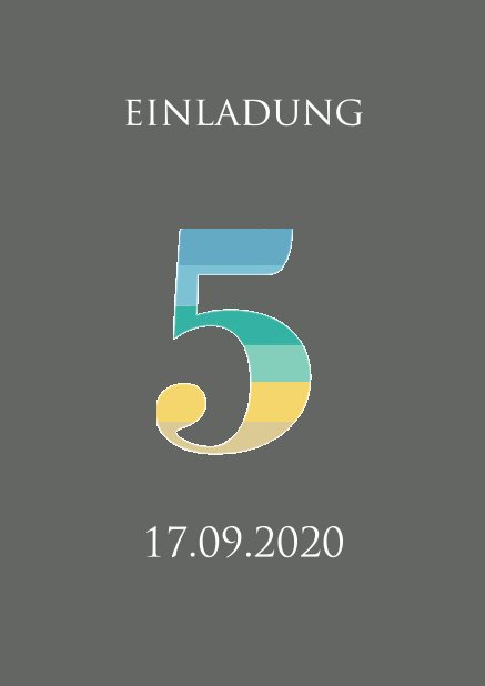 Online Einladungskarte zum 5. Jubiläum mit einer Zahl 5 mit bunten animierten Streifen. Grau.