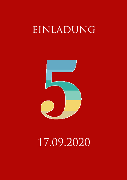 Online Einladungskarte zum 5. Jubiläum mit einer Zahl 5 mit bunten animierten Streifen. Rot.