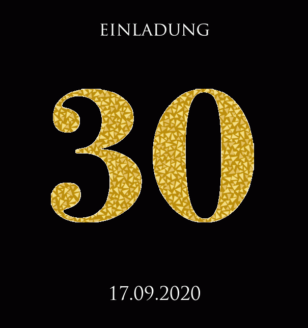 Animierte Online Einladungskarte zum 30. Jubiläum mit animierten goldenen Mosaiksteinen. Schwarz.