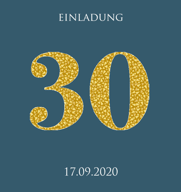 Animierte Online Einladungskarte zum 30. Jubiläum mit animierten goldenen Mosaiksteinen. Blau.