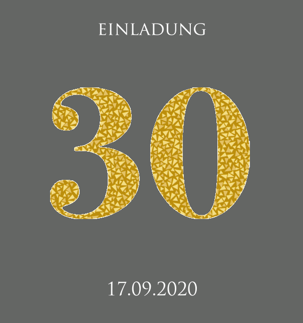 Animierte Online Einladungskarte zum 30. Jubiläum mit animierten goldenen Mosaiksteinen. Grau.