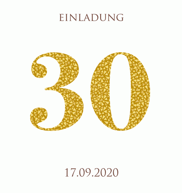 Animierte Online Einladungskarte zum 30. Jubiläum mit animierten goldenen Mosaiksteinen. Weiss.