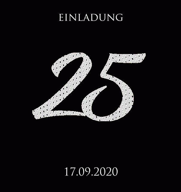 Animierte papierlose Einladungskarte zum 25. Jubiläum mit funkelnden Mosaiksteinen in Silber. Schwarz.