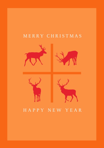 Online Orangene Weihnachtskarte mit vier roten Rentieren.