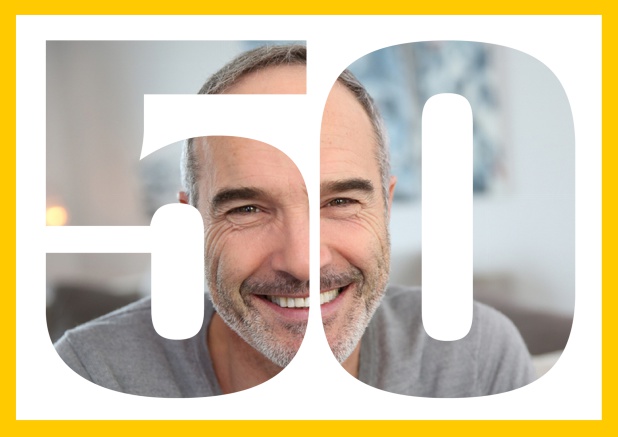 Five 0 landscape - Yellow - 50th Anniversary 50th Birthday invitation photo card in landscape with large cut out number 50 to place your own photo behind it. Yellow.