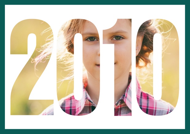 2010 Jahreskarte quer - Grün - 10. Geburtstag Online Einladungskarte mit ausgeschnittener 2010 für Geburtstagseinladungen mit eigenem Foto. Grün.
