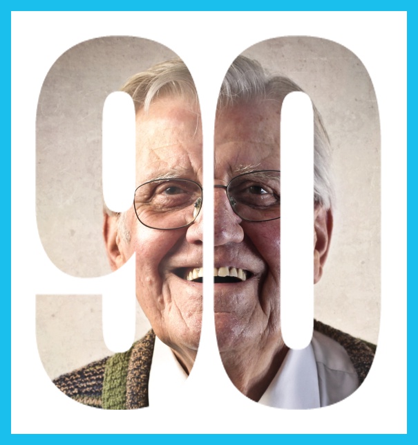 Einladungskarte zum 90. Geburtstag oder Jubiläum mit ausgeschnittener Zahl 90 für ein eigenes Foto. Blau.