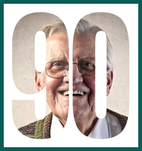 Einladungskarte zum 90. Geburtstag oder Jubiläum mit ausgeschnittener Zahl 90 für ein eigenes Foto. Grün.