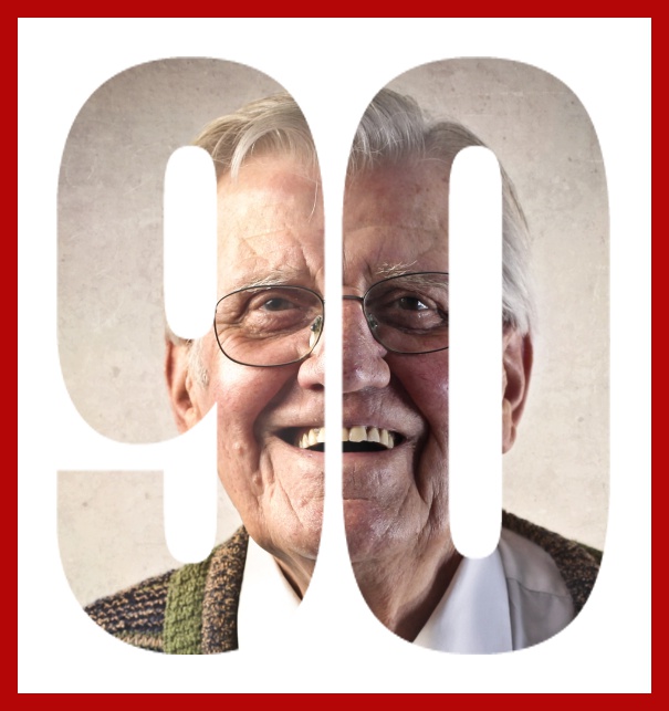 Einladungskarte zum 90. Geburtstag oder Jubiläum mit ausgeschnittener Zahl 90 für ein eigenes Foto.
